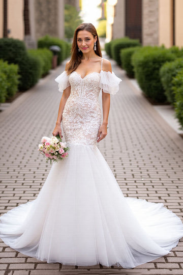 Cold Shoulder Appliqued Mermaid Ivory Wedding Dress